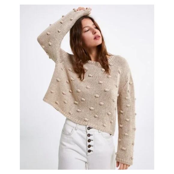 Zara Sweaters - ZARA Knit Crochet Sweater Pom Pom Beige Cottagecore Sz L